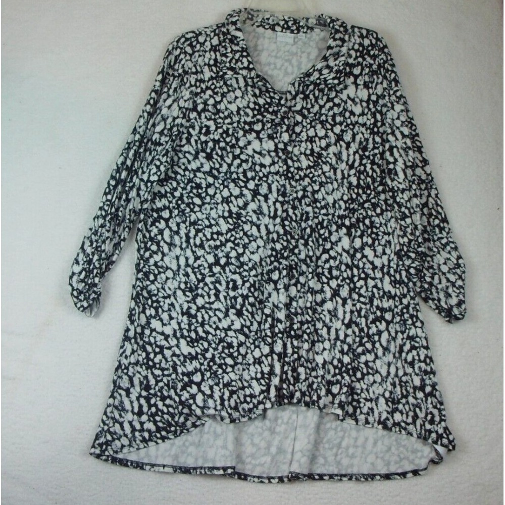 New Directions Women's Black & White Tunic Top Hi-Lo Hem Roll Tab Sleeve Sz XXL